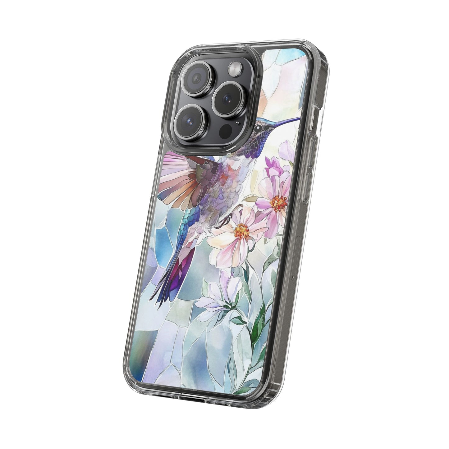 Clear Hummingbird Phone Case - Floral Stained Glass Design, Wireless Charging Compatible