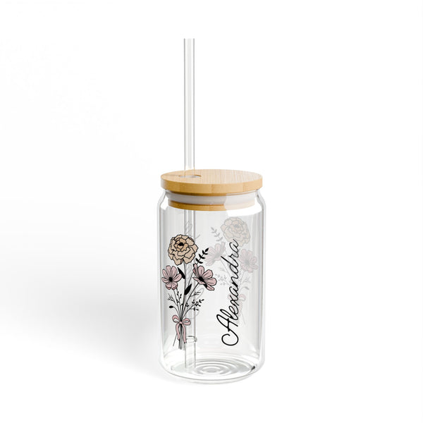 Personalized September Flower 16oz Can Glass - Stylish Sipper with Bamboo Lid and Straw