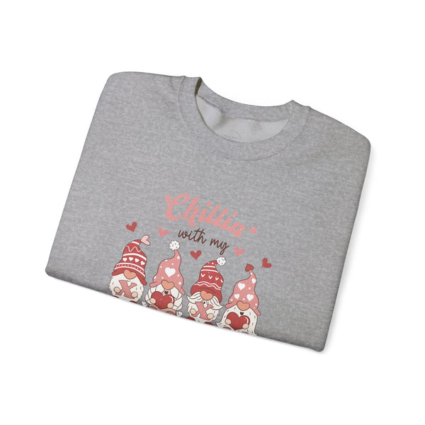 Chillin With My Gnomies Sweatshirt Women’s Valentine’s Day Gnome Crewneck Cute XOXO Heart Pullover Funny Galentine’s Gift