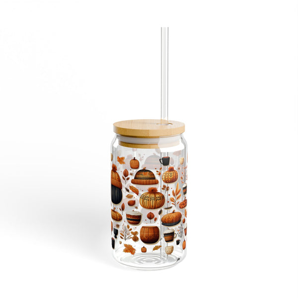 Fall 16oz Glass, Fall Icon Can Glass, Pumpkin Spice Cup, Glass Jar with Lid and Straw, 16oz Glass Cup, Libbey Cup
