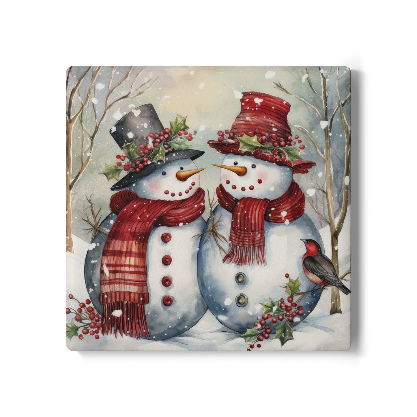 Festive Snowman Ceramic Coaster, Holiday Drinkware, Christmas Decor, Winter Home Gift, Coaster Set for Holiday Parties