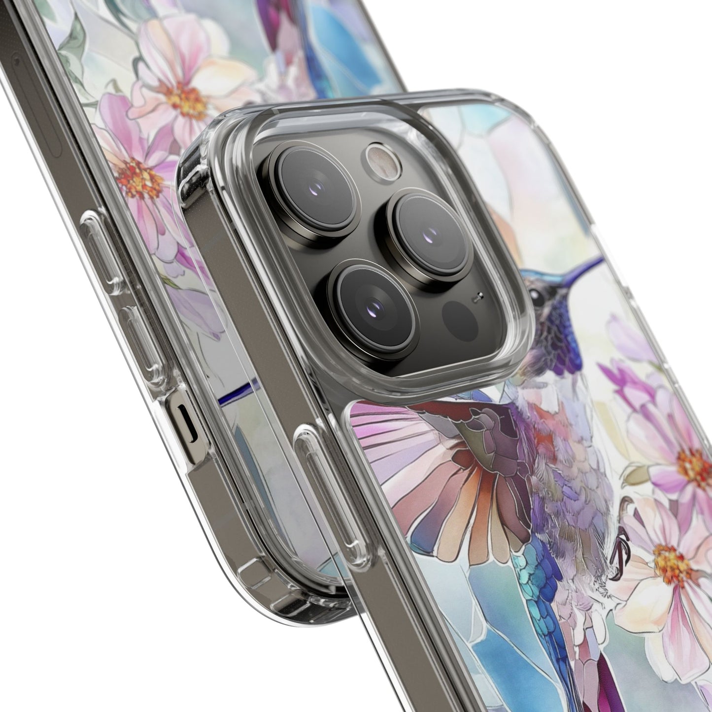 Clear Hummingbird Phone Case - Floral Stained Glass Design, Wireless Charging Compatible
