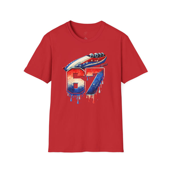 67 Bobsled Team USA T-Shirt - Patriotic Red White Blue Drip Graphic - Winter Sports Streetwear - Gildan Softstyle Men Women