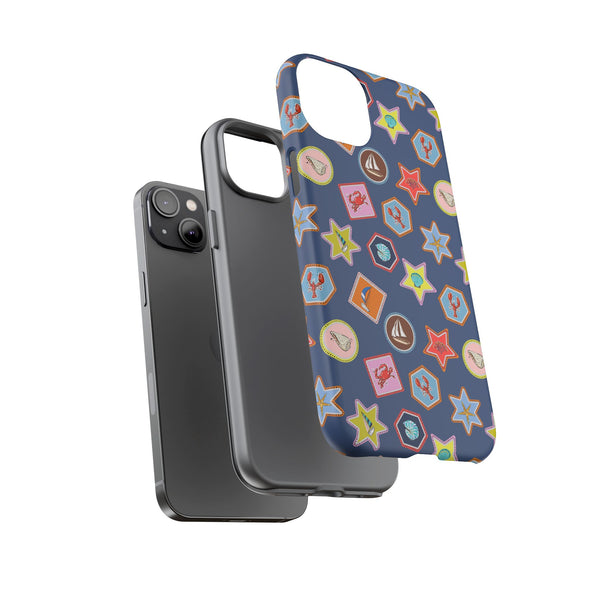 Lobsters Sailboats and Seashells on Navy Blue Phone Case