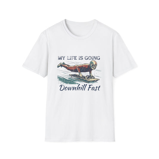 “My Life Is Going Downhill Fast" Skeleton Racer T-Shirt | Retro Winter Sports Graphic Tee
