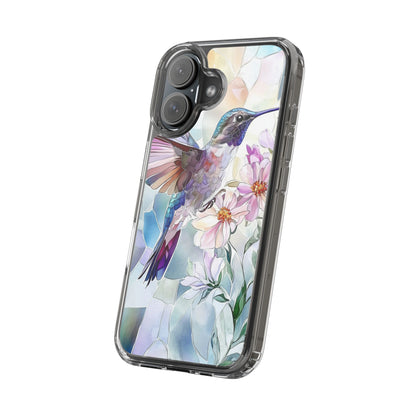 Clear Hummingbird Phone Case - Floral Stained Glass Design, Wireless Charging Compatible