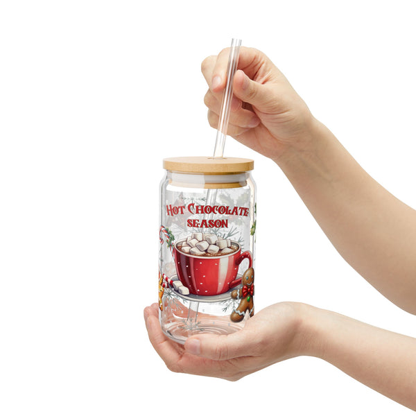 Hot Chocolate 16oz Glass, Hot Chocolate Season Can Glass, Christmas Gift Cup, Glass Jar with Lid and Straw, 16oz Glass Cup, Libbey Cup