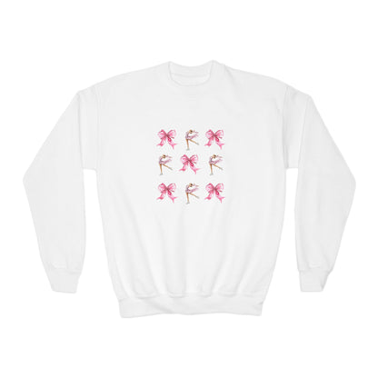 Youth Crewneck Sweatshirt — Pink Ballet Bow Grid Graphic for Girls, Cute Dance Crewneck
