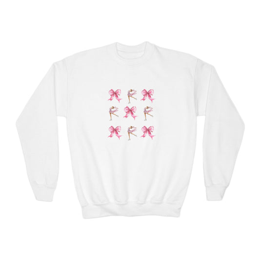 Youth Crewneck Sweatshirt — Pink Ballet Bow Grid Graphic for Girls, Cute Dance Crewneck