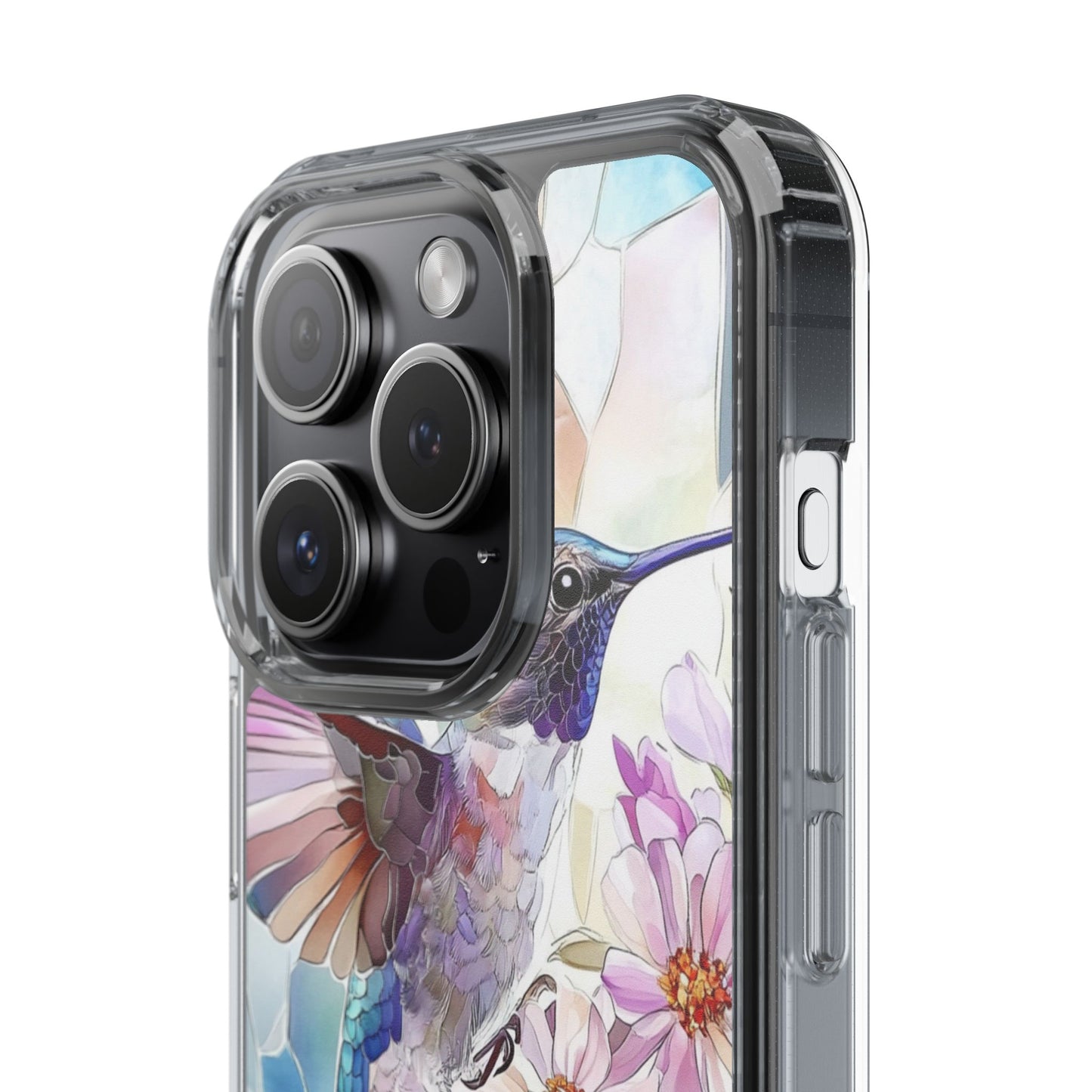 Clear Hummingbird Phone Case - Floral Stained Glass Design, Wireless Charging Compatible