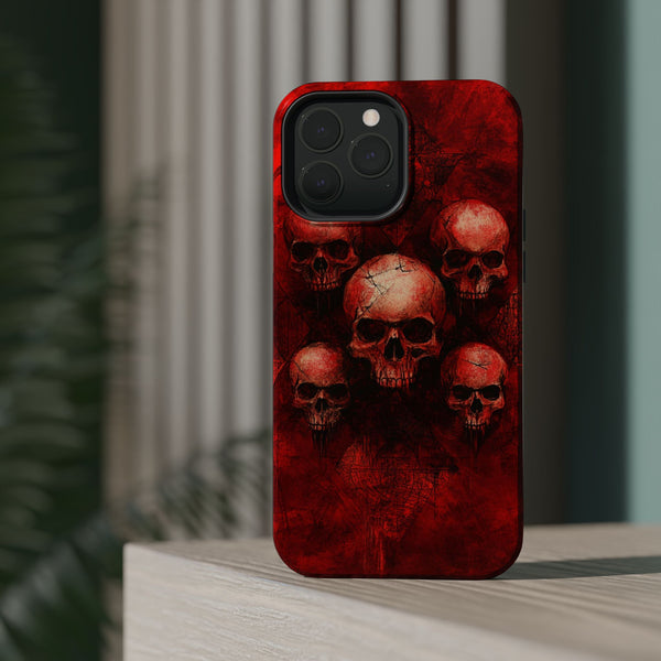 Red Skulls iPhone Case, Magnetic Tough Case for iPhone, Skulls On Blood Red Background Magnetic Phone Case, iPhone 15, iPhone 14, iPhone 13
