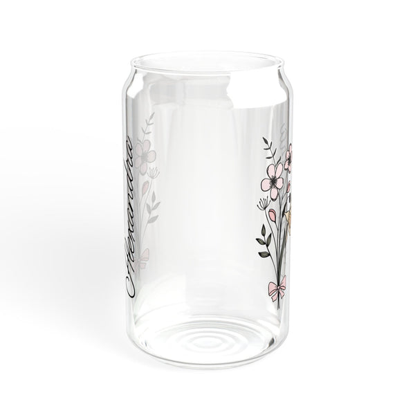 Personalized March Flower 16oz Can Glass - Stylish Sipper with Bamboo Lid and Straw