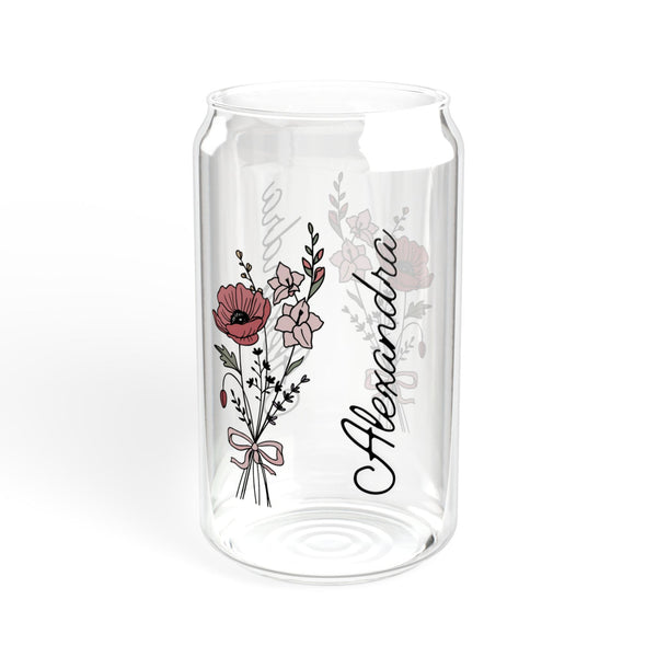 Personalized December Flower 16oz Can Glass - Stylish Sipper with Bamboo Lid and Straw