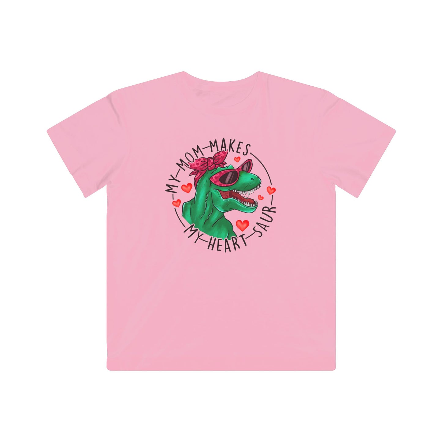 designsXdarren My Mom Makes My Heart Saur Kids Tee - Dinosaur Pun Youth T-Shirt - White Apple Silver Blue Pink
