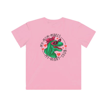 designsXdarren My Mom Makes My Heart Saur Kids Tee - Dinosaur Pun Youth T-Shirt - White Apple Silver Blue Pink