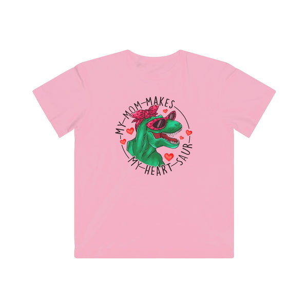 designsXdarren My Mom Makes My Heart Saur Kids Tee - Dinosaur Pun Youth T-Shirt - White Apple Silver Blue Pink