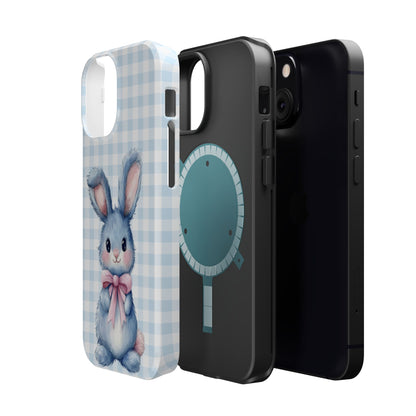 Cute Bunny on Blue Plaid MagSafe iPhone Case
