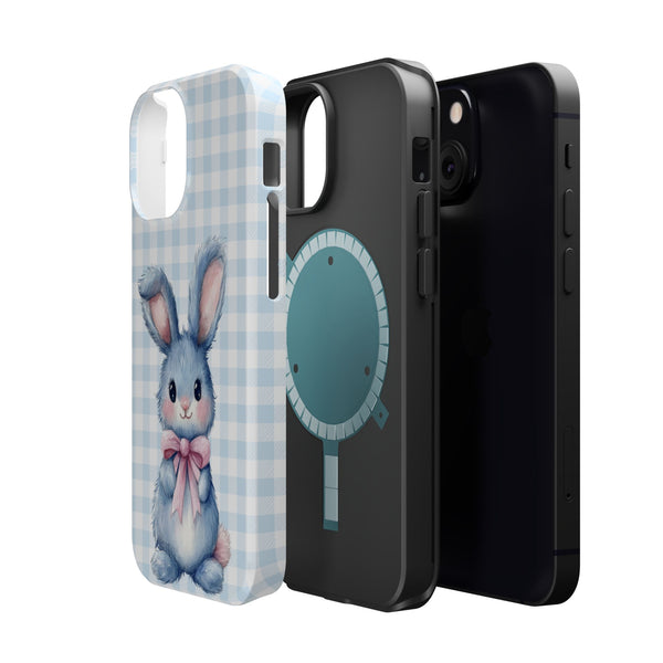 Cute Bunny on Blue Plaid MagSafe iPhone Case