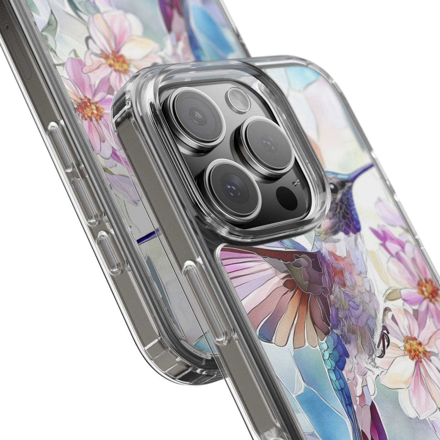 Clear Hummingbird Phone Case - Floral Stained Glass Design, Wireless Charging Compatible