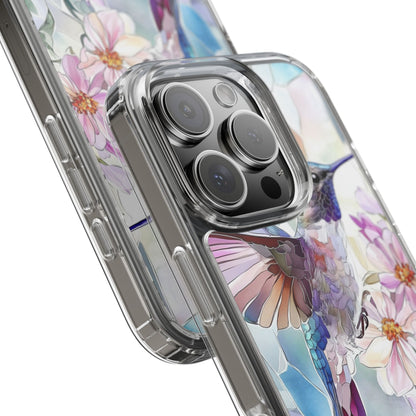 Clear Hummingbird Phone Case - Floral Stained Glass Design, Wireless Charging Compatible