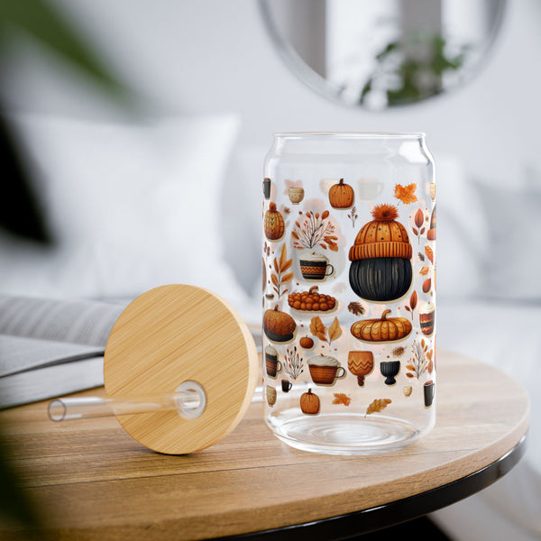 Fall 16oz Glass, Fall Icon Can Glass, Pumpkin Spice Cup, Glass Jar with Lid and Straw, 16oz Glass Cup, Libbey Cup