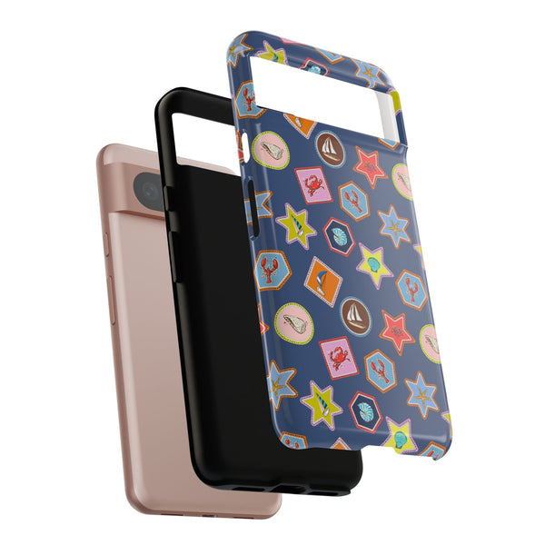 Lobsters Sailboats and Seashells on Navy Blue Phone Case
