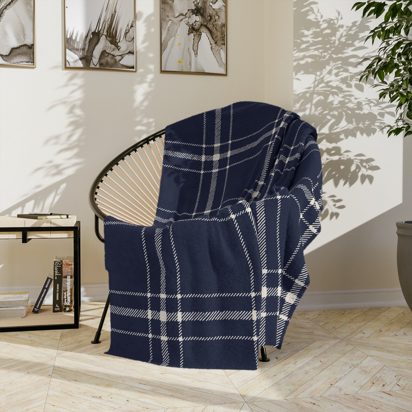 Navy and White Plaid - Velveteen Throw Blanket