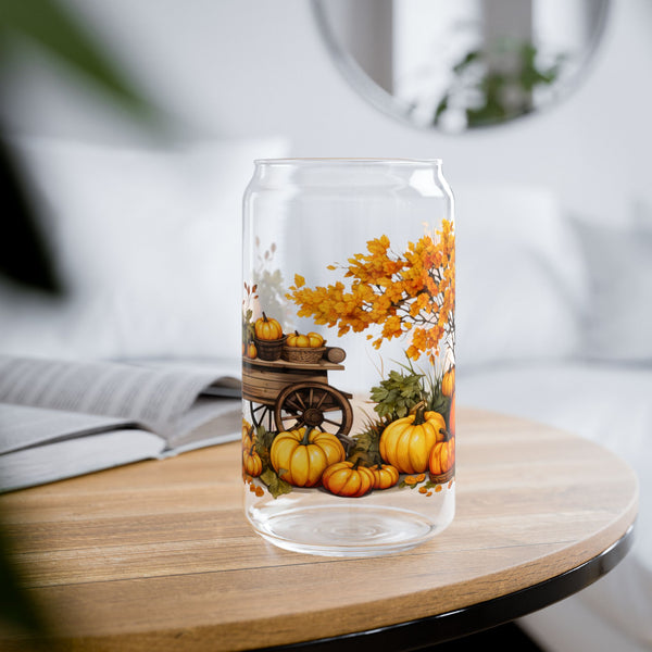 Fall Themed 16oz Glass, Iced Pumpkin Spice Can Glass, Fall Drinks Cup, Glass Jar with Lid and Straw, 16oz Glass Cup, Libbey Cup