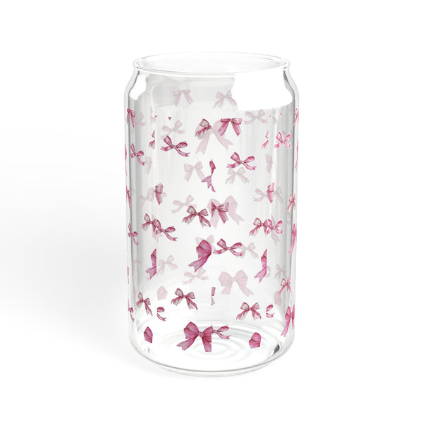 Coquette 16oz Glass Can Cup with Pink Bows, Cute Iced Coffee Cup, Sipper Glass