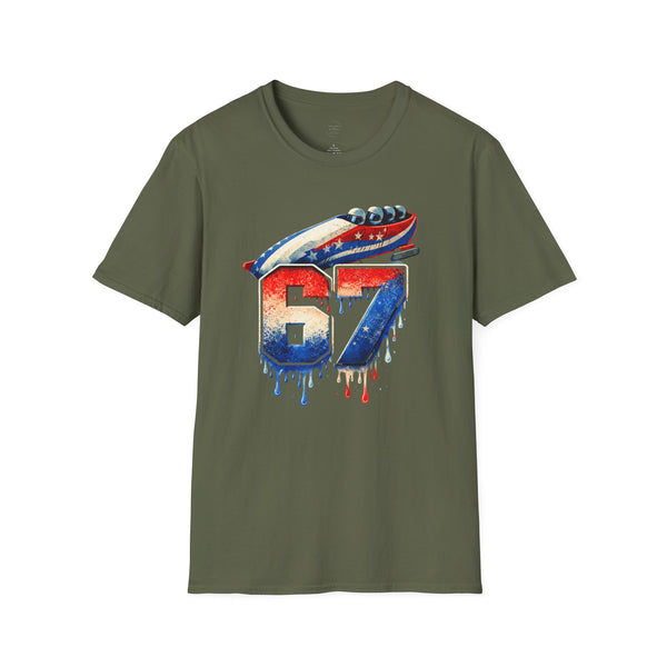 67 Bobsled Team USA T-Shirt - Patriotic Red White Blue Drip Graphic - Winter Sports Streetwear - Gildan Softstyle Men Women