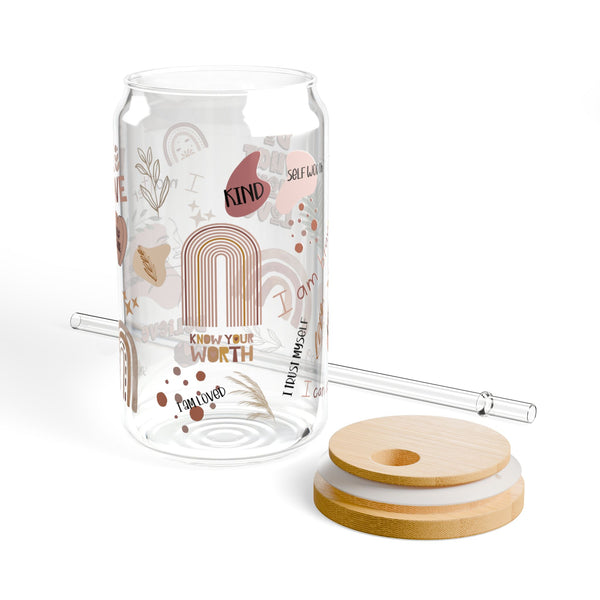Daily Affirmation Glass Can Cup with Bamboo Lid & Straw, 16oz Self-Care Motivational Tumbler, Inspirational Drinkware, Positive Energy Cup