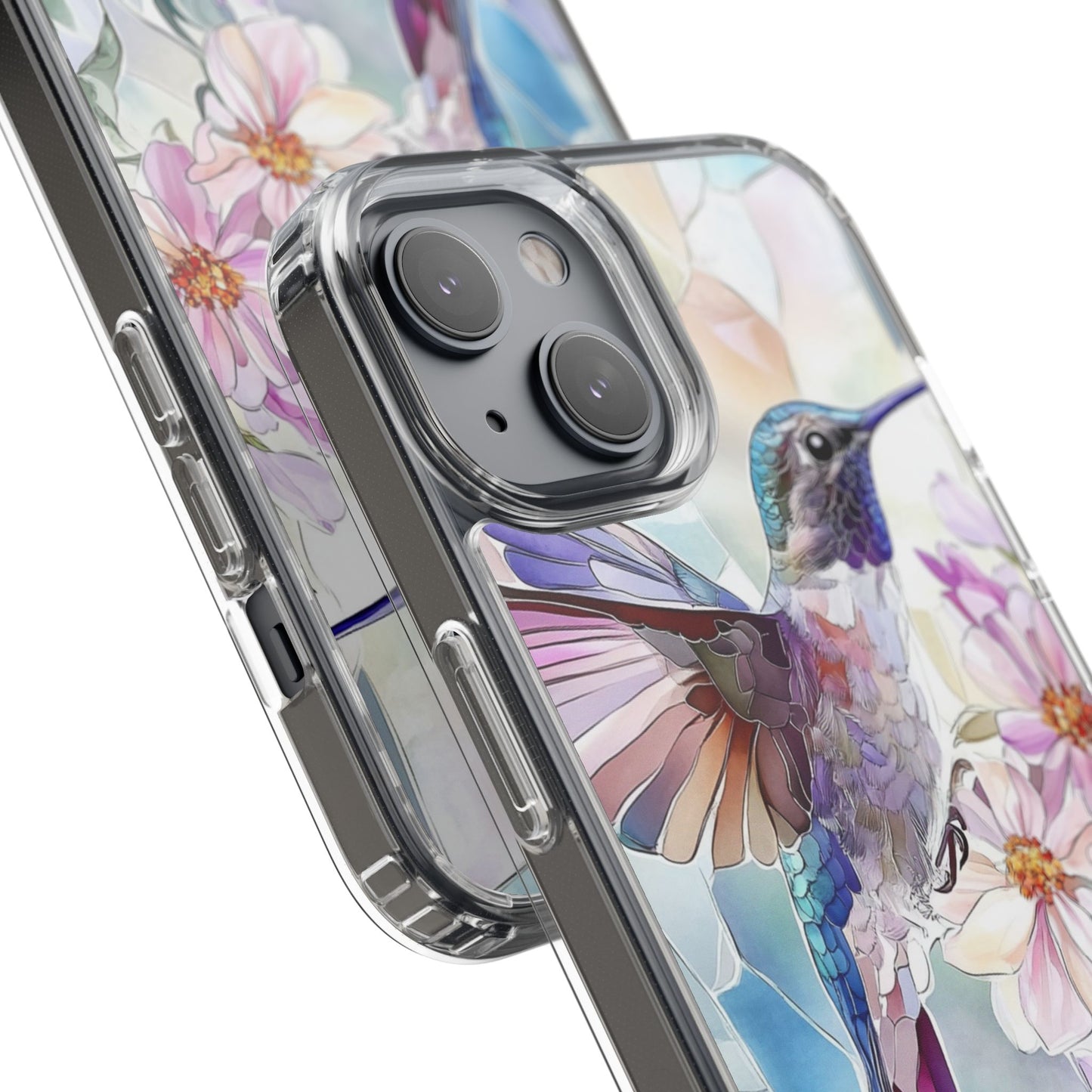 Clear Hummingbird Phone Case - Floral Stained Glass Design, Wireless Charging Compatible
