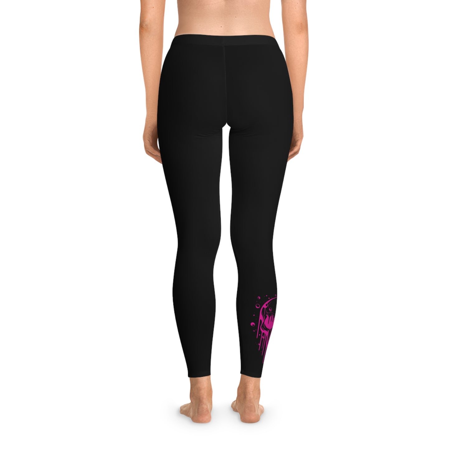 Neon Pink Drip Skull Leggings – Black Mid-Waist Activewear