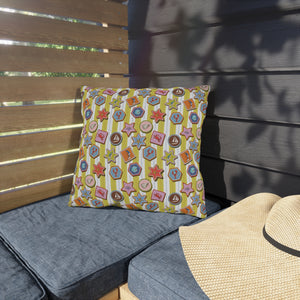 coastal outdoor pillow with lobsters, sailboats, seashells and starfish