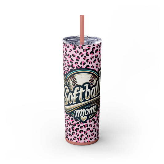 Softball Mom, Pink Leopard Print, Skinny Tumbler with Straw, 20oz Tumbler, Softball Life