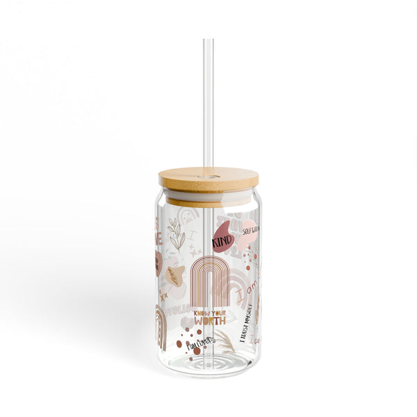 Daily Affirmation Glass Can Cup with Bamboo Lid & Straw, 16oz Self-Care Motivational Tumbler, Inspirational Drinkware, Positive Energy Cup