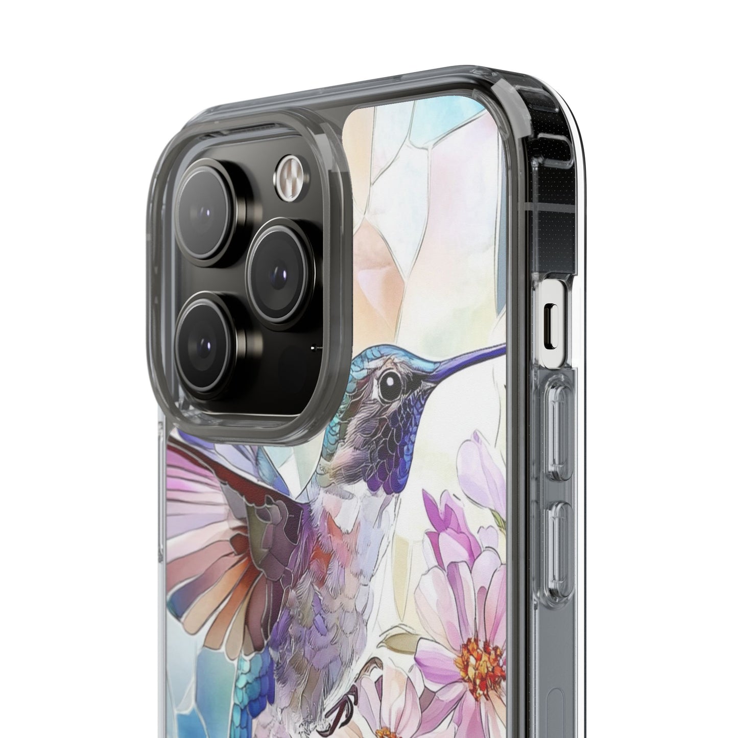 Clear Hummingbird Phone Case - Floral Stained Glass Design, Wireless Charging Compatible