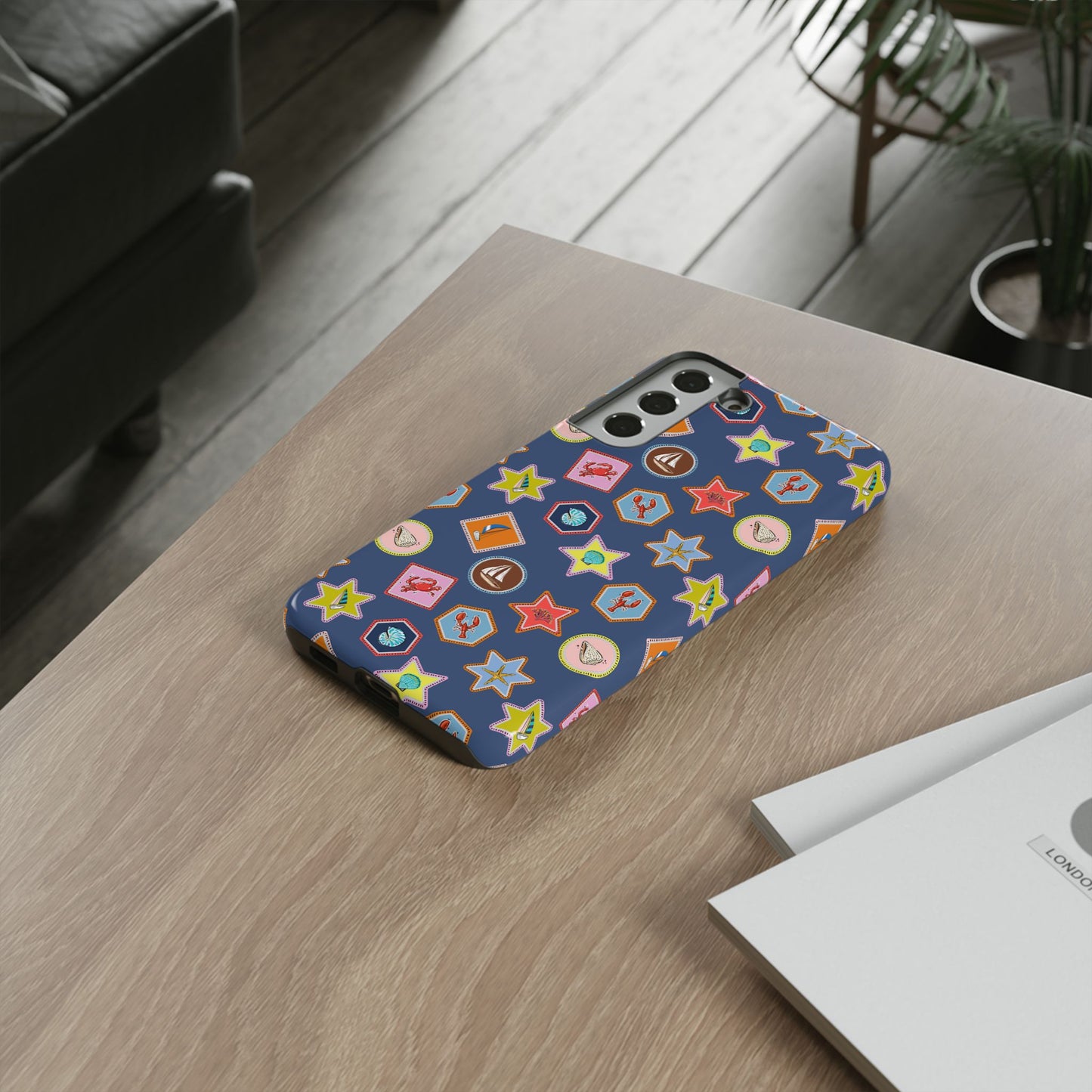 Lobsters Sailboats and Seashells on Navy Blue Phone Case