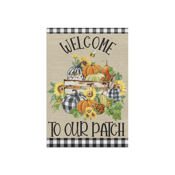 Welcome to Our Patch Garden Flag – 12”x18” Fall Yard Banner with Pumpkins, Sunflowers & Buffalo Plaid Accents