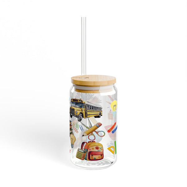Teacher 16oz Glass, Back to School Can Glass, Teacher Gift Cup, Glass Jar with Lid and Straw, 16oz Glass Cup, Libbey Cup
