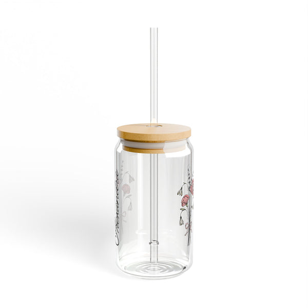 Personalized January Flower 16oz Can Glass - Stylish Sipper with Bamboo Lid and Straw