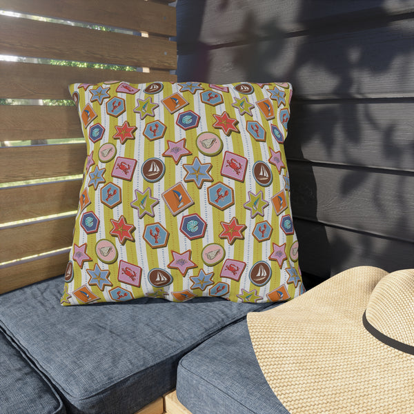Coastal Nautical Outdoor Throw Pillow – Beach House Patio Cushion with Lobsters, Sailboats & Seashells