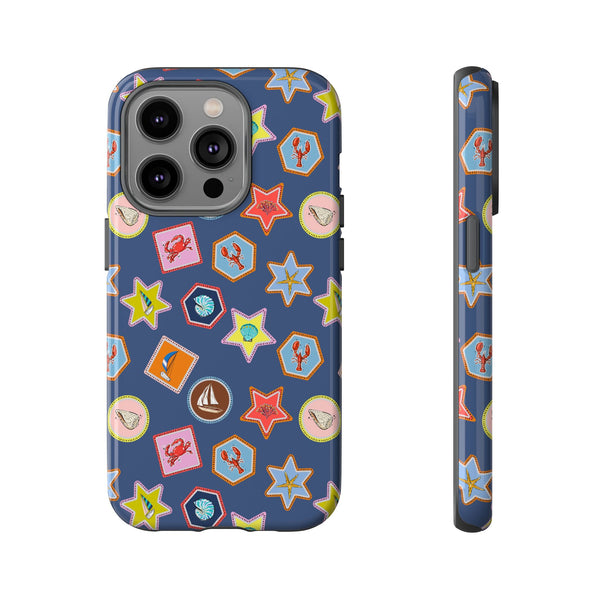 Lobsters Sailboats and Seashells on Navy Blue Phone Case