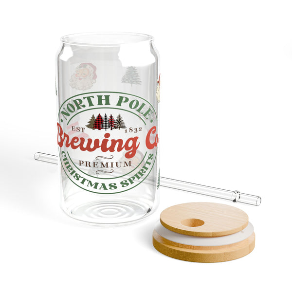 Christmas 16oz Glass, Christmas Brewing Can Glass, Christmas Gift, North Pole, Glass Jar with Lid and Straw, 16oz Glass Cup, Libbey Cup