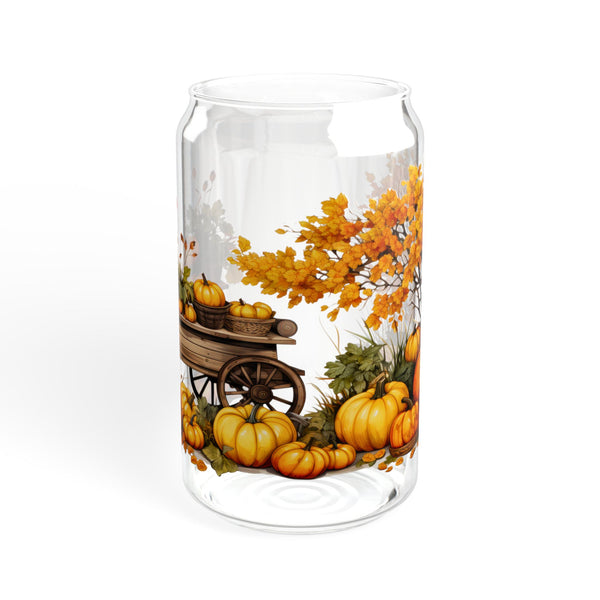 Fall Themed 16oz Glass, Iced Pumpkin Spice Can Glass, Fall Drinks Cup, Glass Jar with Lid and Straw, 16oz Glass Cup, Libbey Cup