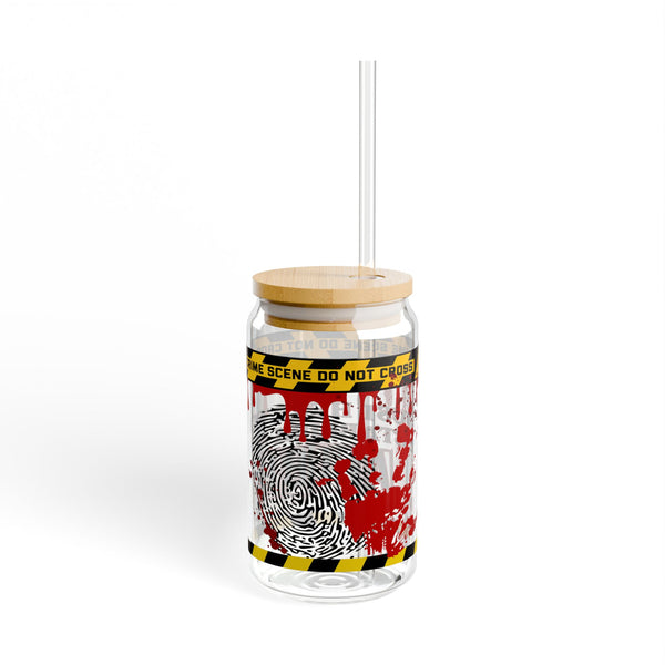 True Crime Lover, 16oz Glass, Alibi Iced Can Glass, Crime Lover Cup, Glass Jar with Lid and Straw, 16oz Glass Cup, Libbey Cup