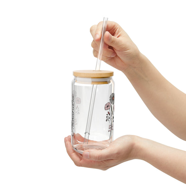 Personalized October Flower 16oz Can Glass - Stylish Sipper with Bamboo Lid and Straw