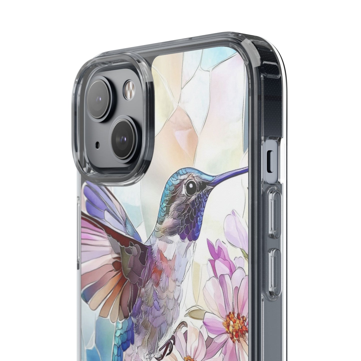 Clear Hummingbird Phone Case - Floral Stained Glass Design, Wireless Charging Compatible