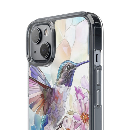 Clear Hummingbird Phone Case - Floral Stained Glass Design, Wireless Charging Compatible