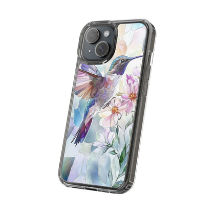 Clear Hummingbird Phone Case - Floral Stained Glass Design, Wireless Charging Compatible